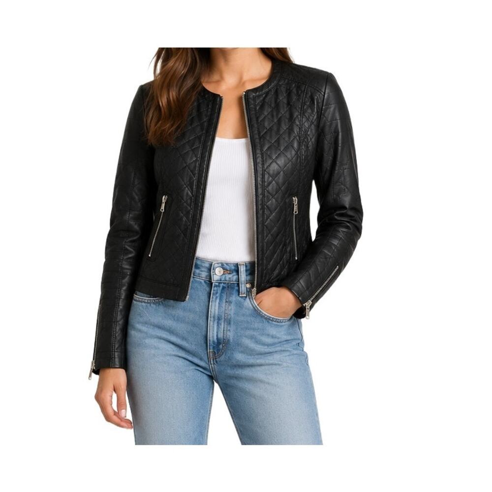 Harve Benard Quilted Black Faux Leather Moto Jacket Zip Front Size Small NWT